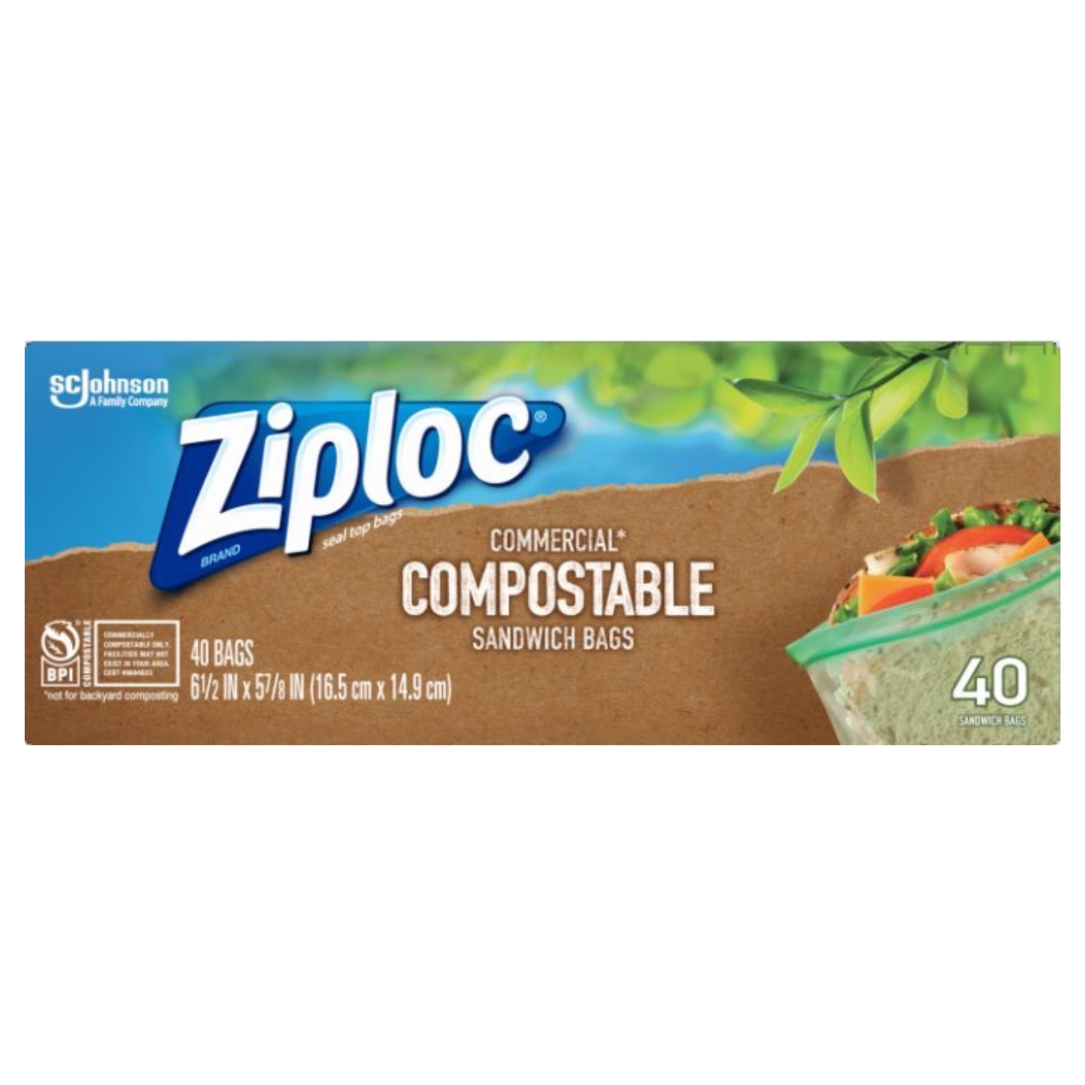 Ziploc® Compostable Sandwich Bags, Food Storage Zipper Bags, 40 Count