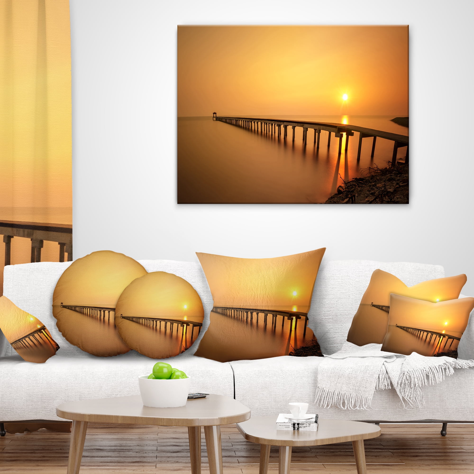 Designart Old Wooden Pier Long to Evening Sea - Pier Seascape Throw Pillow - 16x16