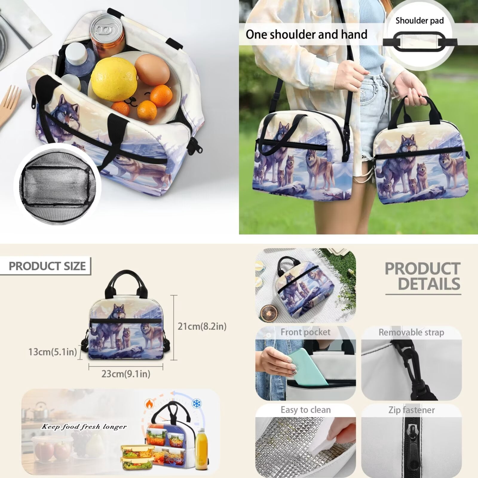 XYZCANDO Wolf 5 Piece Kids Backpack Set with Portable Lunch Bag Multifunctional Pencil Case 2 Pcs Bookmark Side Pockets School Bag for Elementary Students