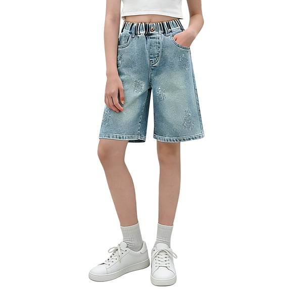 EnJoCho Kids Knee Length Jean Shorts Girls Trendy Y2𝖪 Baggy Wide Leg Bermud𝖺 Denim Short Bow Vintag𝖾 Retro Jeans Jorts with Pockets Baggy Shorts For Girls