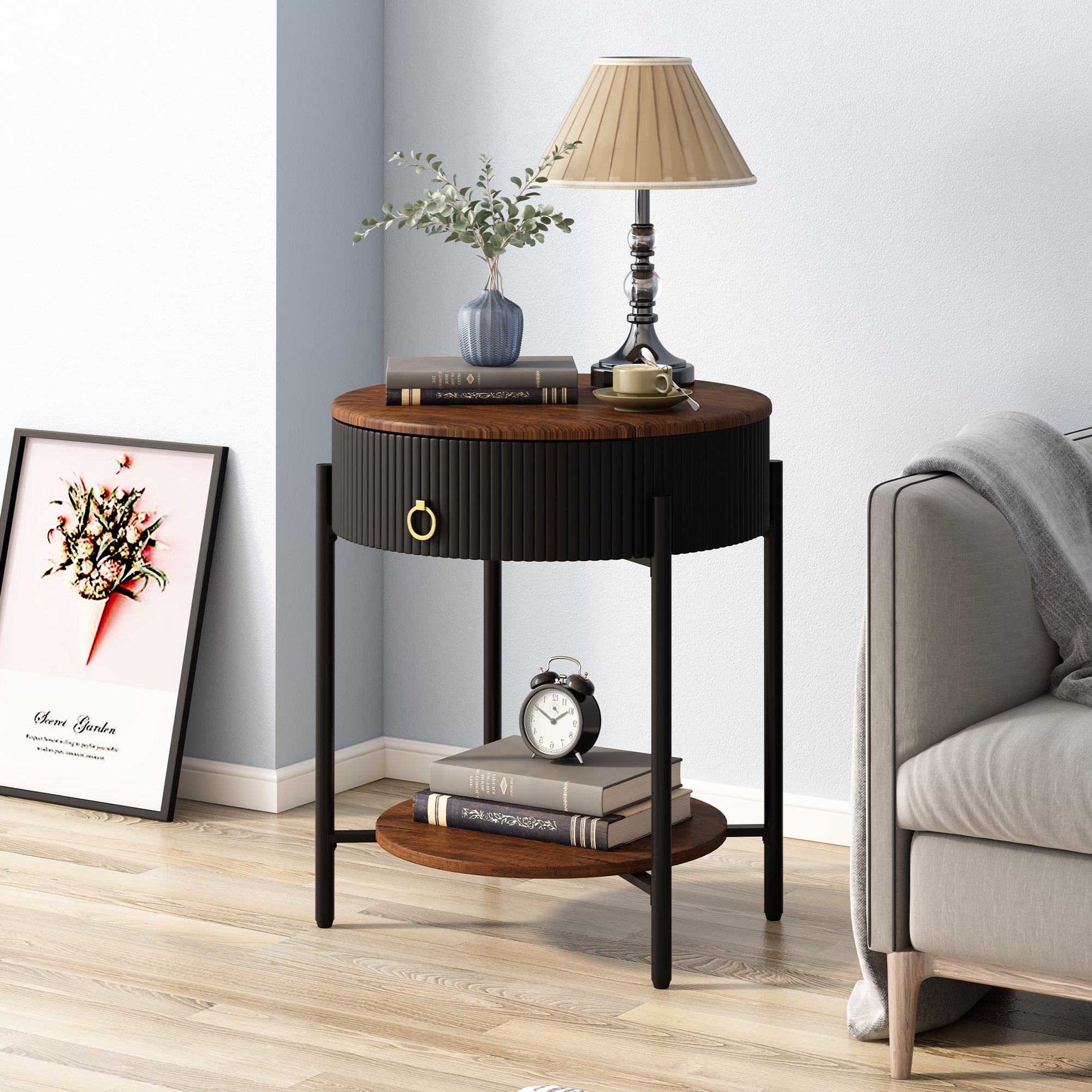 ASYA Black Metal End Table with Drawer, 2-Tier Wooden Nightstand, Round Side Table for Living Room Bedroom, 23.6'' H