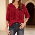 thumbnail image 2 of HJYCHN Womens Tops Linen Shirt with Embroidered Sleeves and Chiffon Collar Elegant Casual Blouse for Summer Wear Womens Shirts Red L, 2 of 6