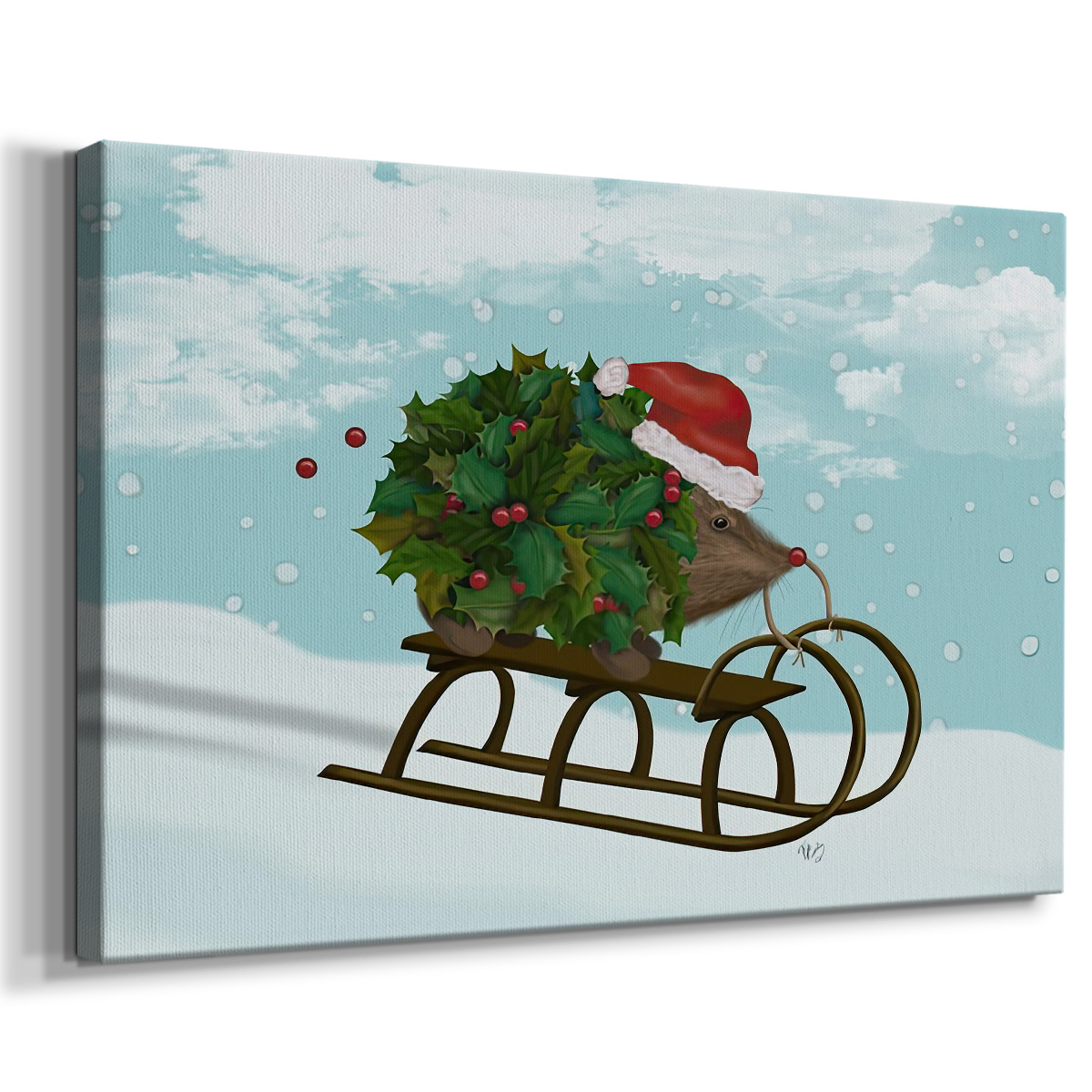 Christmas Holly Hedgehog Sledding- Gallery Wrapped Canvas