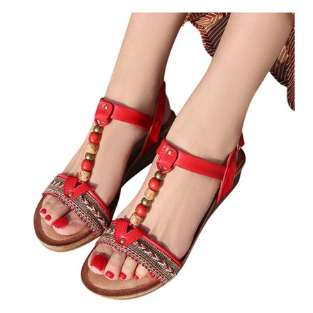 

Bohemian Retro Beaded Buckle Roman Sandals Wedges Flat Women Sandals