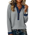 thumbnail image 2 of Womens Cotton Waffle Knit Long Sleeve Top Button Patchwork Pullover Casual Loose Tunic, 2 of 5