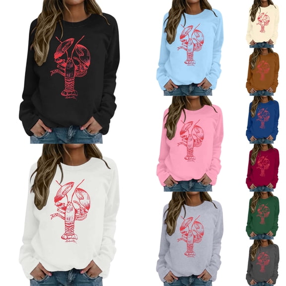 Arlun Vintage Graphic Crewneck Sweatshirt for Women Large Lobster Sardine Printed Sweatshirts Soft Comfortable Long Sleeve Hoodless Pullover Fall Tops White XL