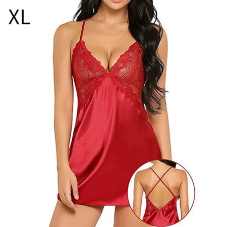 

Sexy Nightdress Lace Deep V Neck Sleepwear Backless Nightgown Dress