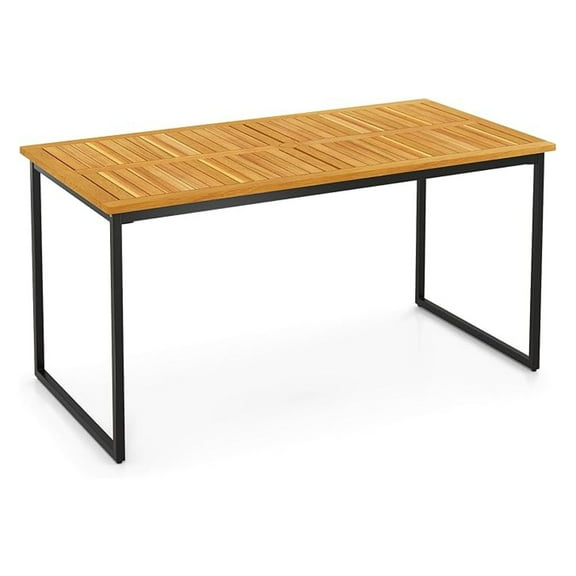 6-Person Patio Dining Table, Wood Outdoor Table with Umbrella Hole, Slatted Design & Adjustable Feet, Garden, Poolside, Backyard