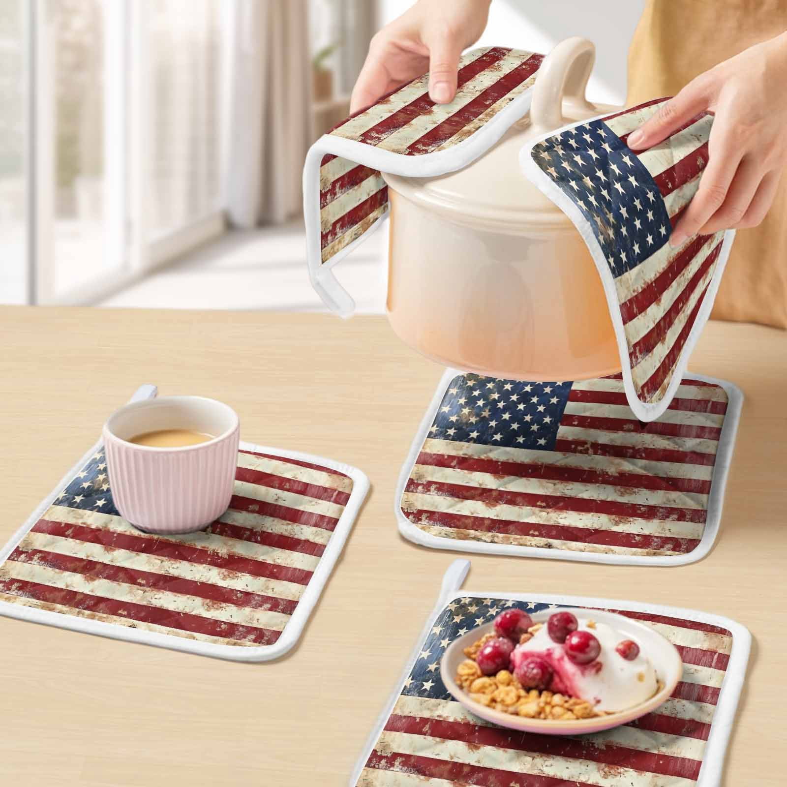 American Flag Pot Holders for Kitchen Heatproof Potholder, 4 Pack Vintage Blue Red USA Flag Retro Hot Pads Multipurpose Oven Pads Cloth Potholders Trivet for Cooking and Baking