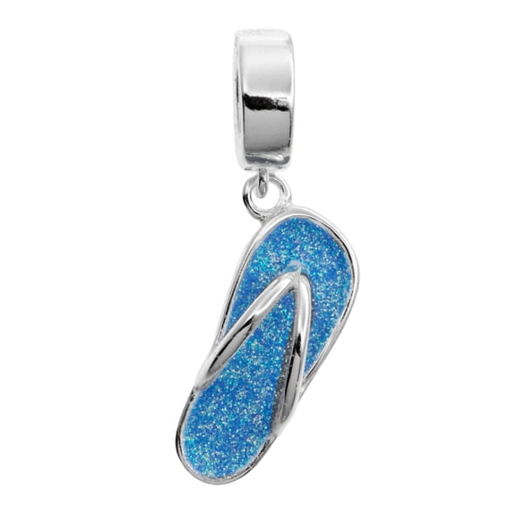 Queenberry Sterling Silver Flip-flop Sandal Slipper Beach Blue Enamel Dangle Pendant Bead for European Charm Bracelet