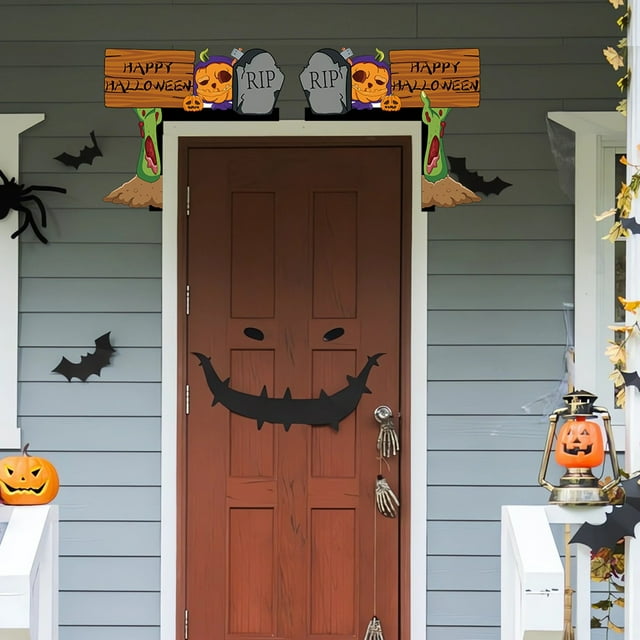 Fiudx Decoración de Marco de Puerta de Halloween, Adorable Calabaza Enana, Mano de Cadáver Espeluznante, Diseño de Lápida Embrujada, Calabaza de Castillo Misterioso, Decoración para Fiestas En Casa,