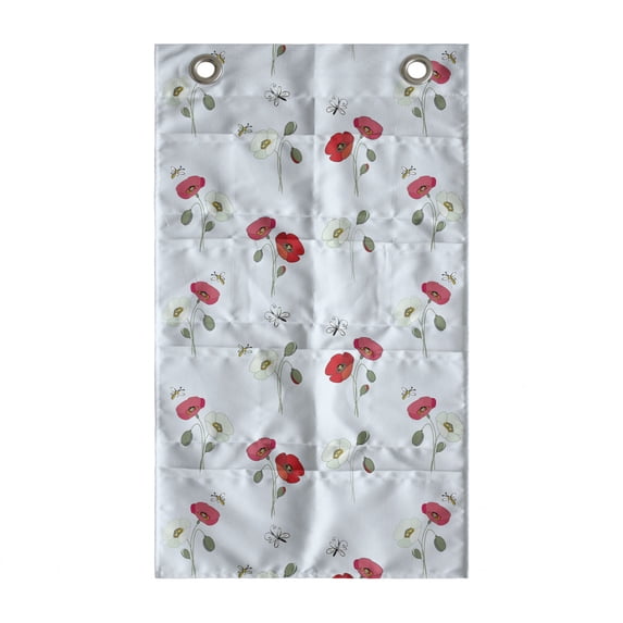 Floral Hanging Pocket Organizer, Rhythmic Flowers and Butterflies Hand Drawn Style Illustration Print, Printed Polyester Storage Bag with Pockets, 21" x 31", Pale Blue Pale Ruby