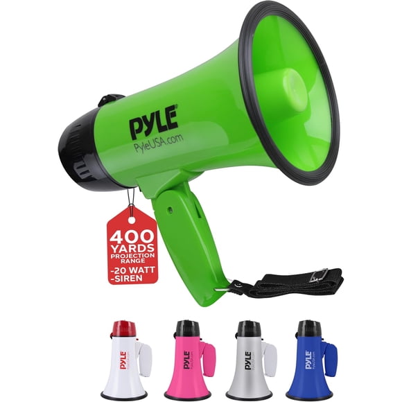 Megáfono Altavoz Portátil 20W Pyle, Alerta de Voz y Sirena, Megáfono de 13.7 cm x 21.8 cm, Alcance de Proyección hasta 750 Metros, Incluye Correa para Hombro, Funciona con Pilas, Verde