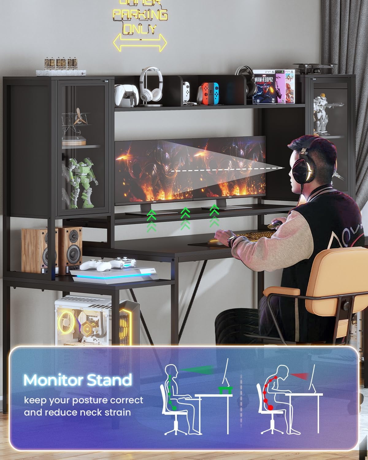 74.8" Gaming Desk with LED Lights, Hutch and Storage Shelves, Ergonomic Computer Desk with Monitor Stand, Large PC Gamer Desk Workstation for Bedroom, Living Room, Black
