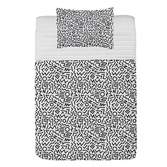 Geometric Microfiber Bedspread Set, Monochrome Abstract Shapes Eighties and Nineties Inspirations Lines and Circles, Soft Bedding Set with Pillow Shams & Comforter, 3 Sizes, Black White, by Ambesonne