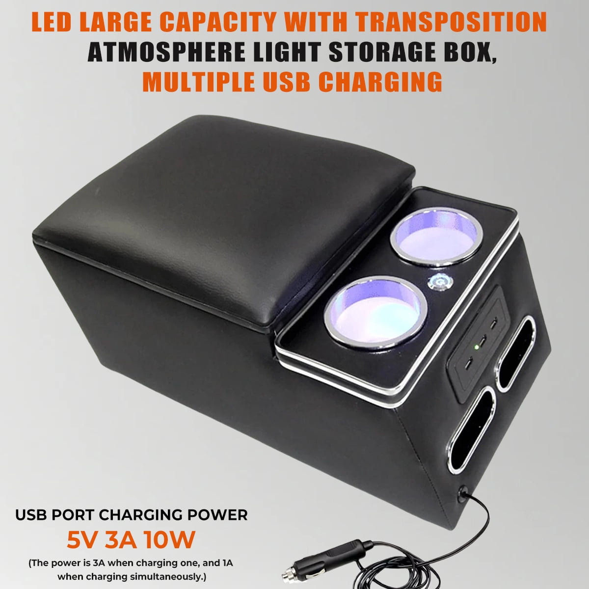 Black Universal Truck Seat/Bench Organizer with LED Light, USB Port, Cup Holders, Armrest, Padded Top Lid - Ideal for Business Upgrade Center Console Organizer