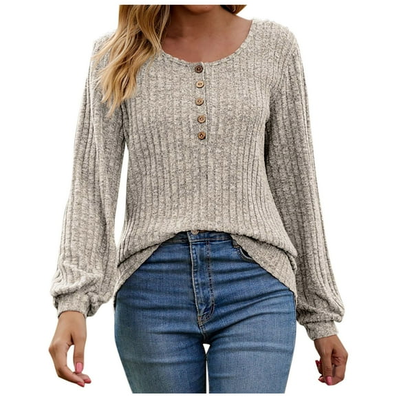 SNKSDGM Long Sleeve Blouses for Women Dressy Plus Size Long Sleeve Tee Shirts for Women 3X Women's Long Sleeve Round Neck Ribbed Pullover Autumn and Winter Button Solid Color Elegant Top for Women M