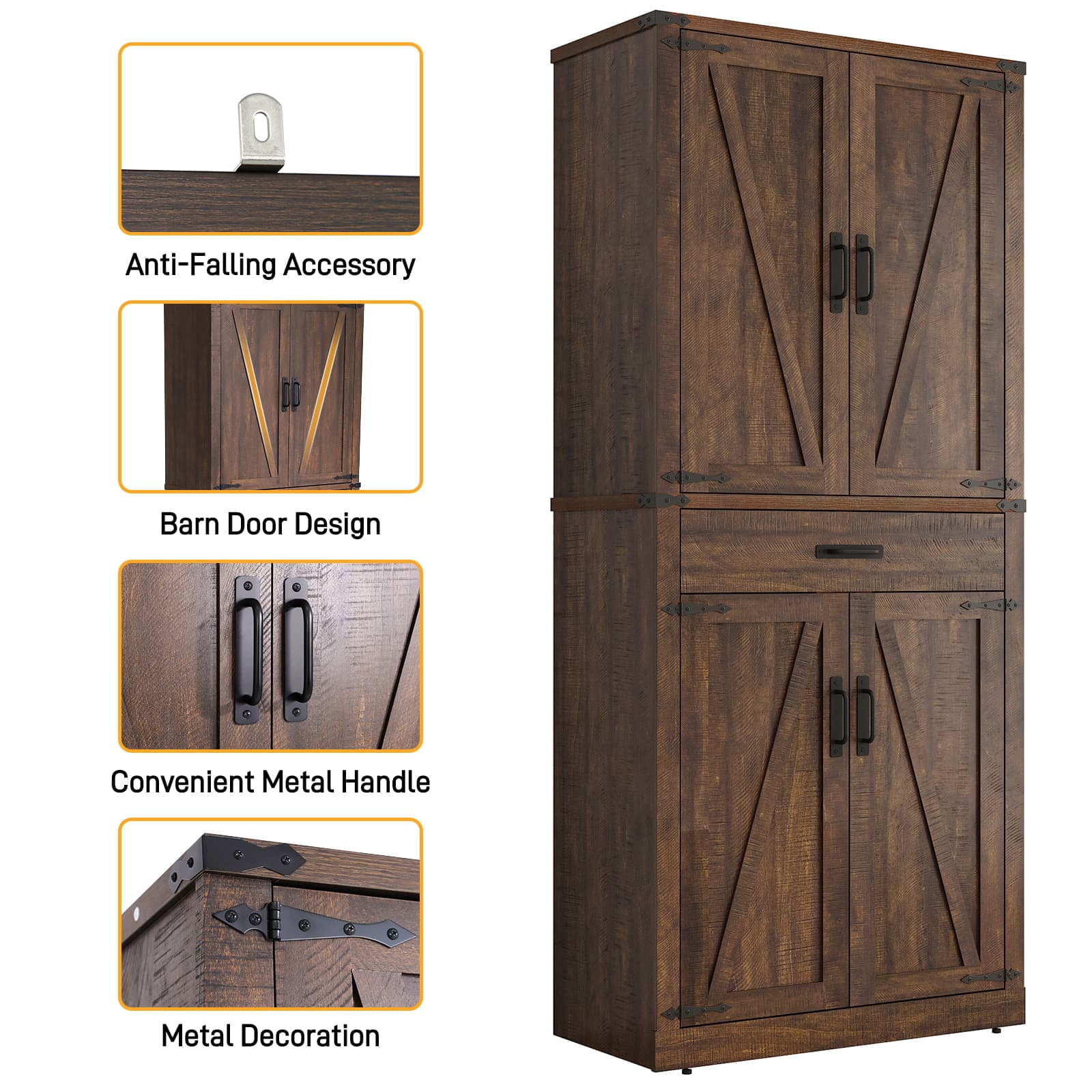 72" Tall Farmhouse Kitchen Pantry Cabinet w/1 Drawer & 4 Roomy Storage Shelves, Versatile Wood Storage Cabinet with 4 Barn Door & Adjustable Shelves & for Dining Room Bathroom Utility Room