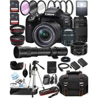 Canon EOS 90D DSLR Camera w/EF-S 18-55mm F/4-5.6 STM Zoom Lens + 75-300mm  F/4-5.6 III Lens+ 64GB Memory Card, Case, Hood, Tripod, Grip-Pod, Filter
