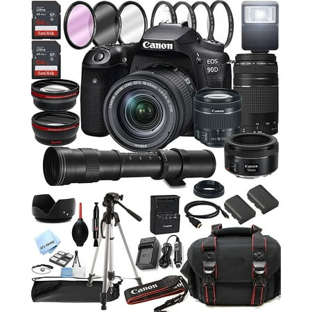 Canon EOS 90D DSLR Camera w/EF-S 18-55mm F/4-5.6 is STM Zoom Lens + 75-300mm F/4-5.6 III Lens EF 50mm f/1.8 STM Lens + 420-800mm Super Telephoto Lens + 128GB Memory 42pc Extreme Bundle