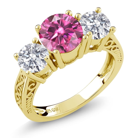 Gem Stone King 18K Yellow Gold Plated Silver 3-Stone Ring Round Pink Moissanite and Lab Grown Diamond White (2.20 Cttw, Size 6)