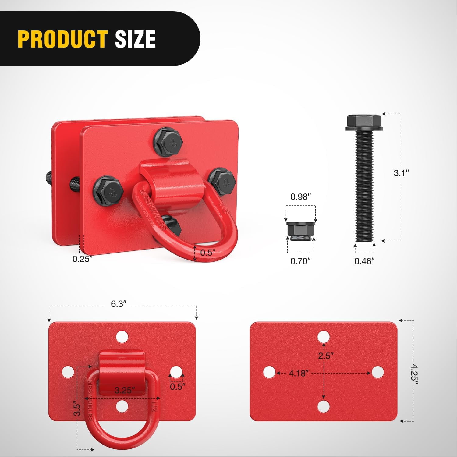 Nilight 2Pcs 1/2" D Rings for Trailers Heavy Duty Trailer Tie Down Rings, Grade 70 Forged Steel Bolt-On Grab with Back Plates for Tractor Bucket RV UTV Truck MBS 12000 lbs, Red