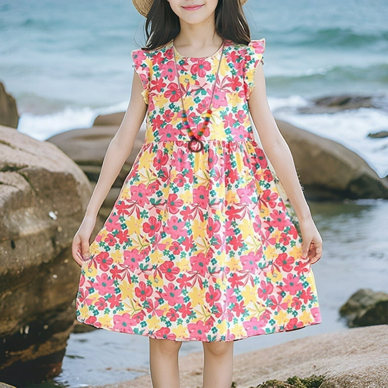shoper Girls Dresses Size 14-16 Sleeveless Ruffled Floral Print Crew Neck Cute  Spring Dresses Girls Dance Recital Performance Dress Princess Dress Red 170  - Walmart.com