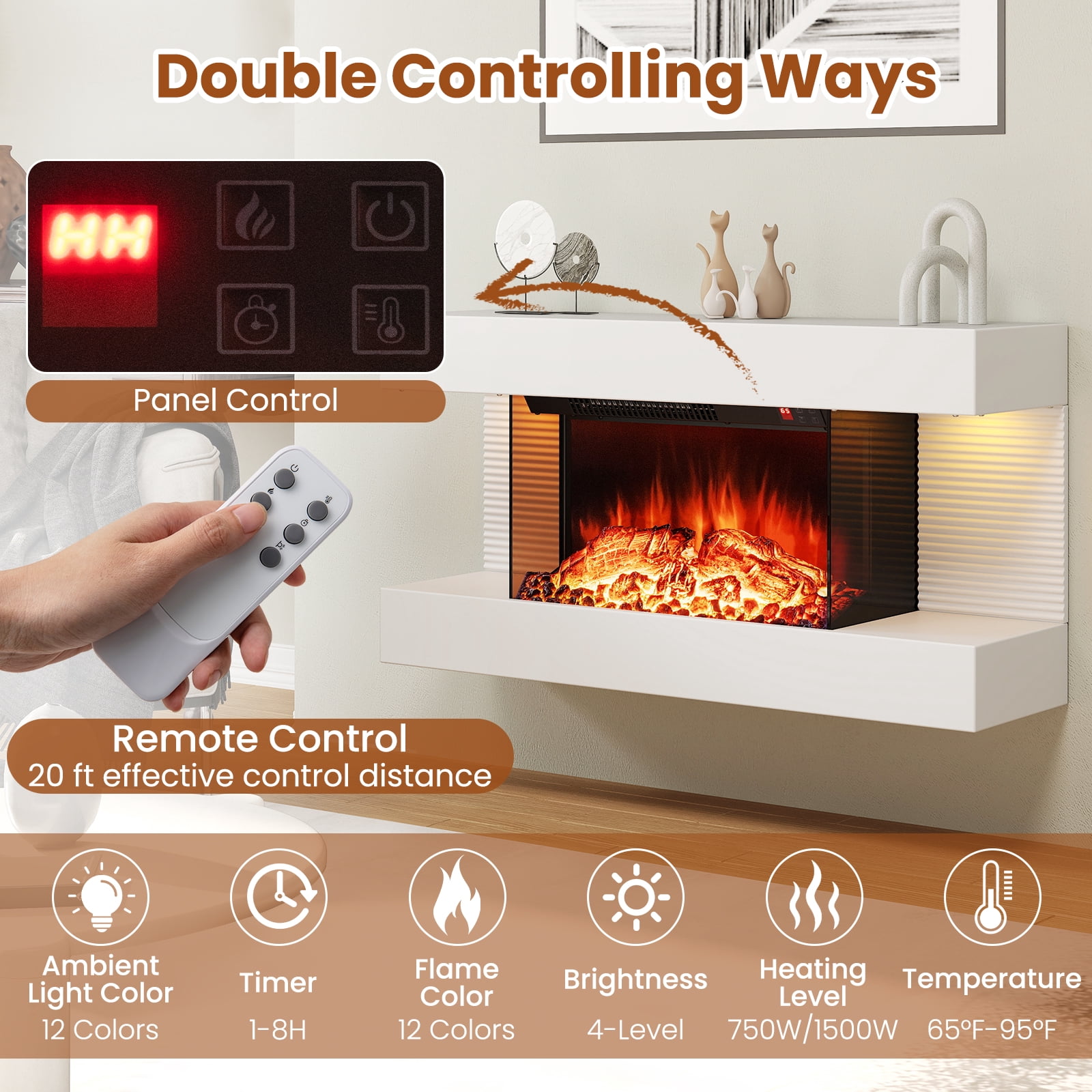 Gymax 18'' Electric Fireplace w/ 32'' Floating Mantel 12-Color Dimmable Flame 8H Timer