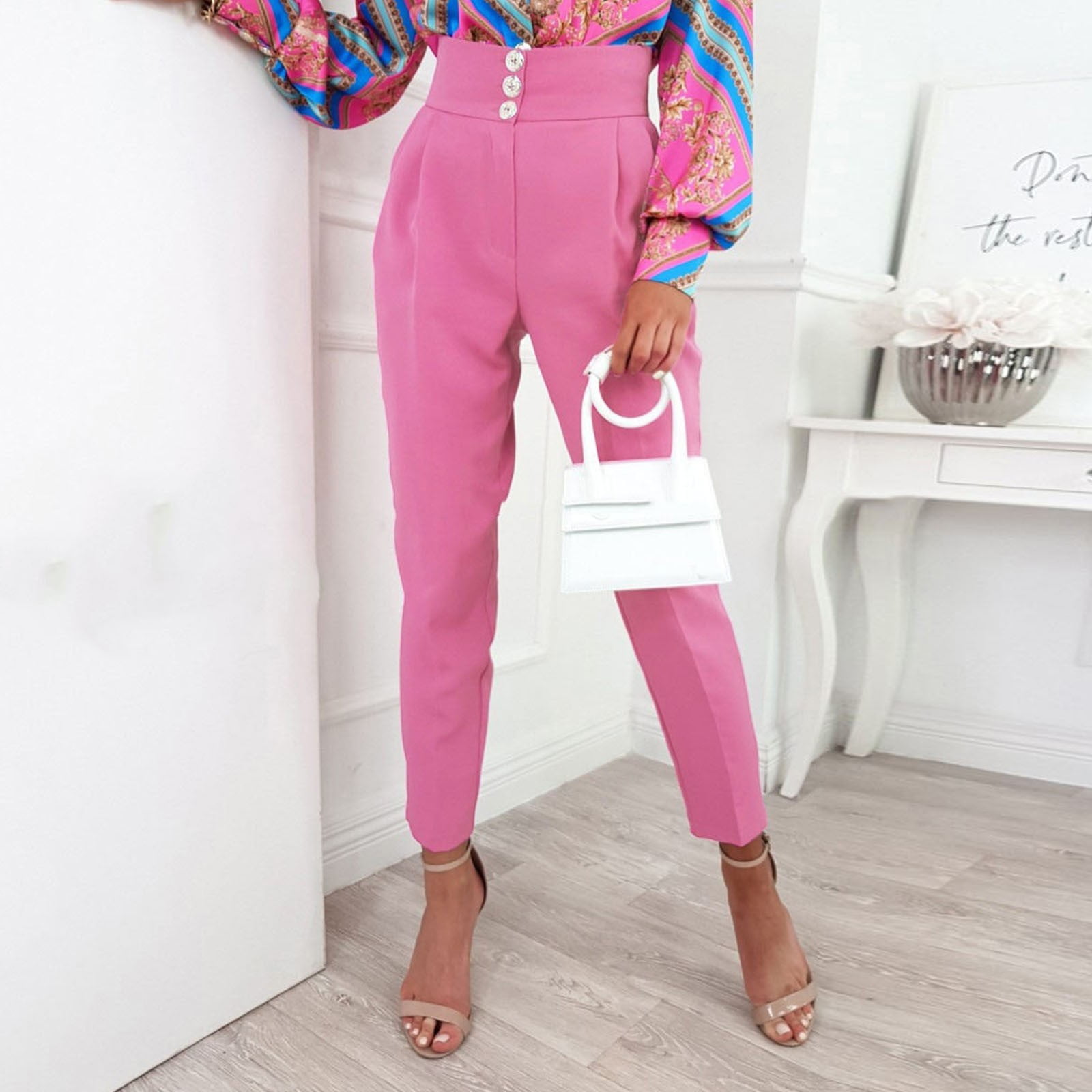 Amazon.com: Solid Color Wide Leg Pants for Women Casual High Waisted Dress  Pants Loose Fit Work Business Trousers Lady (Pink, S) : Sports & Outdoors