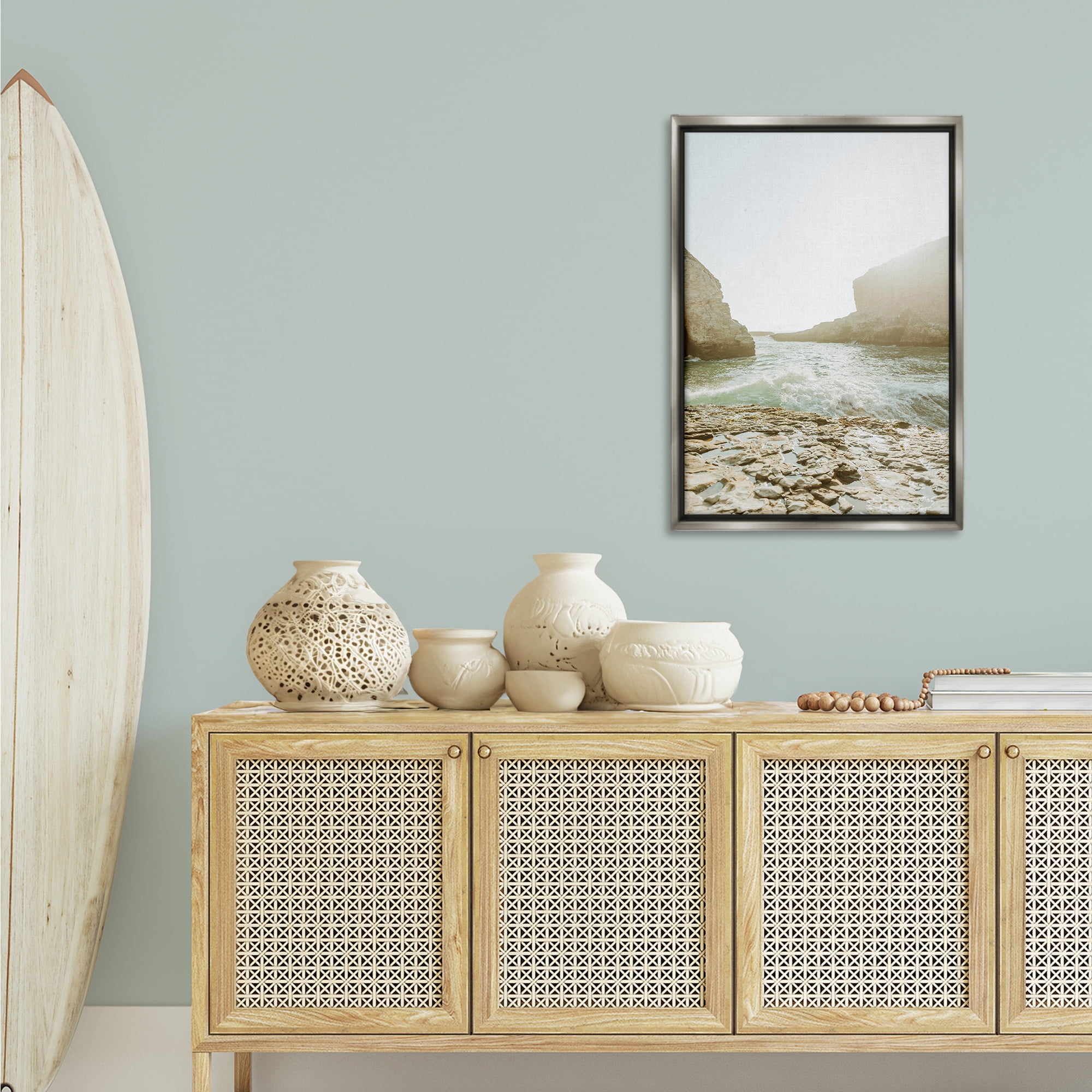 Stupell Industries Rocky Beach Cove Landscape Photography Gray Floater Framed Canvas Art Print Wall Art, 21 x 31