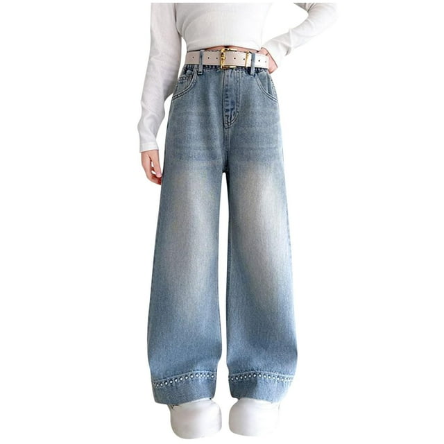 Jean Droit à Jambe Grand pour Filles / Pantalon en Denim Extensible Confortable pour 5 à 15 Ans