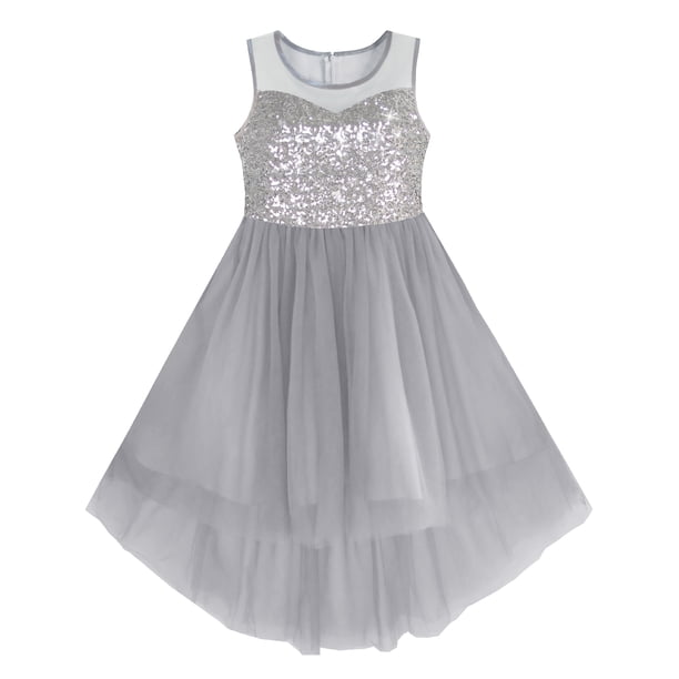 Vestido de Niña Gris de Tul con Lentejuelas Alto-bajo para Boda y Fiesta 7