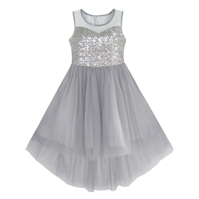 Robe Fille Grise en Tulle à Paillettes Hi-lo Robe de Fête de Mariage 10 Ans