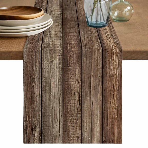 Old Wooden Board Table Runner, Rustic Farmhouse Brown Wooden Plank Washable Cotton Linen Table Runners 90 Inches Long, Dresser Scarf Runner for Dining/Coffee/Kitchen/Hallway Tables 13''x90''