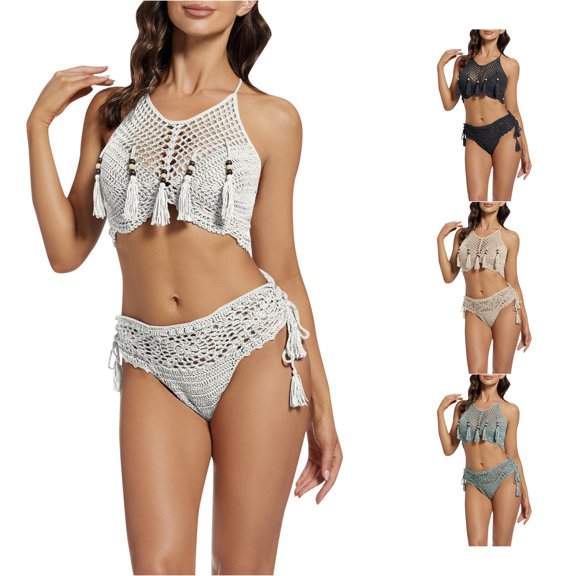 ZHOGXU Women's Swimsuits Two Piece Sleeveless Halter Neck Knit Hollowed Out Tankinis Top With Swim Shorts Comfortable Bikini Set Swimwear For Beachwear,White,S