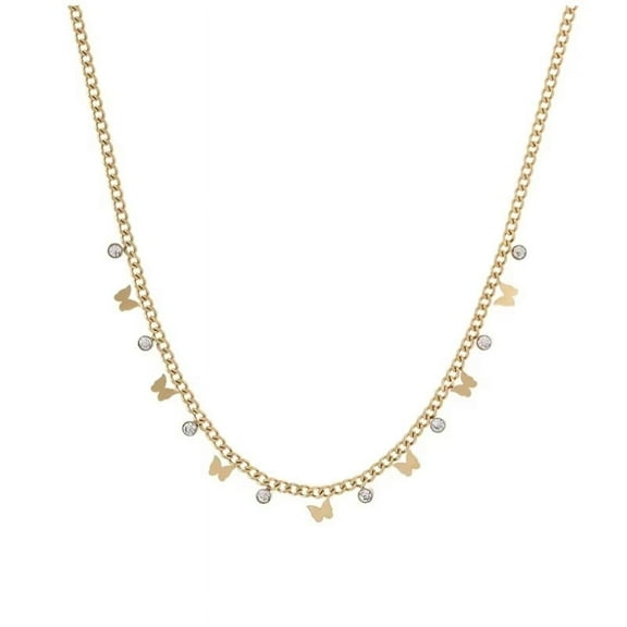 Butterfly Charms Clear Zircon Necklace, Stainless Steel, 16 Inches, Curb Chain