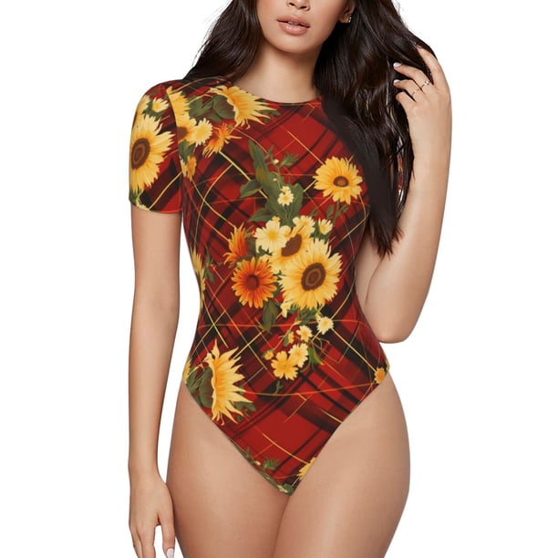 Balery Red Plaid Sunflower Body de cuello redondo de manga corta para mujer Tops de manga corta Tops básicos-X-Large