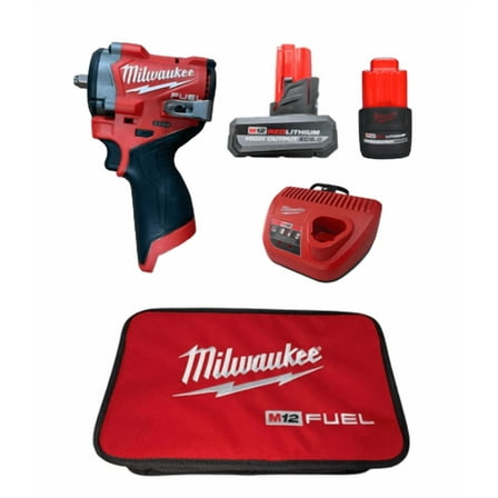 Milwaukee 2562-22 M12 FUEL 3/8" Stubby Impact Wrench Kit – Includes XC5.0 & CP2.5 Batteries, Charger, Belt Clip, and Contractor Case – 550 ft-lbs Torque, Compact Design, Brushless Motor