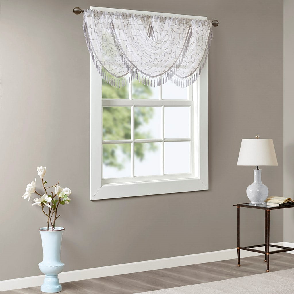 MAYEERTY 38x46" Diamond Sheer Embroidered Waterfall Valance, White/Grey