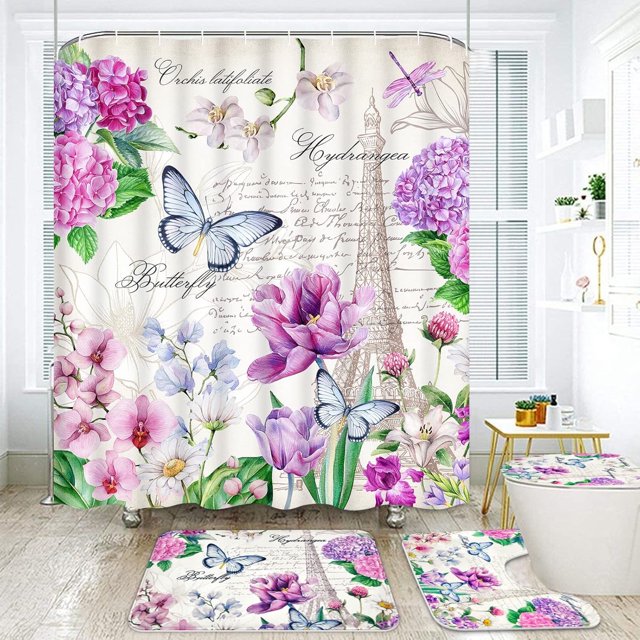 Juego de 4 cortinas de ducha con diseño de la Torre Eiffel de París, con alfombra antideslizante, tapete y tapa de inodoro, cortinas de ducha con diseño floral de mariposas primaverales y ganchos,