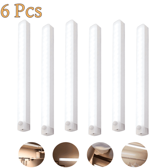 6 Pack LED Under Cabinet Lights,Dimmable Motion Sensor Light,Sticky Lamps Closet Light,USB Rechargeable LED Lights for Kitchen Hallway,11.81 x 0.78 in,White