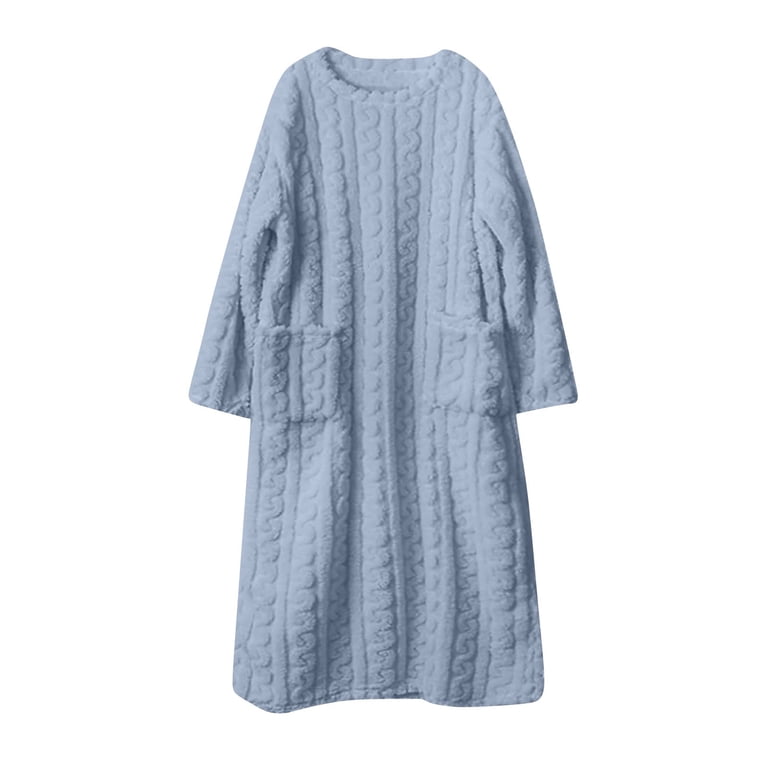 Fdgiu Women's Long Sleeve Flannel Nightgown - Knee Length Sleepwear with Ruffle & Lace Trim, Cozy Winter Loungewear, Size: Large, Blue