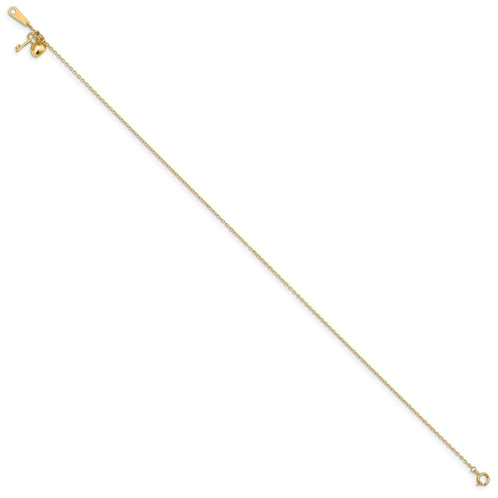 Primal Gold 14 Karat Yellow Gold Gold Heart and Key 9-inch Plus 1-inch Extension Anklet