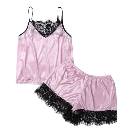 FNNMNNR Women 2PCS Lingerie Loose Hollow Lace Sling V-Neck Top +Short Elastic Band Pants Set