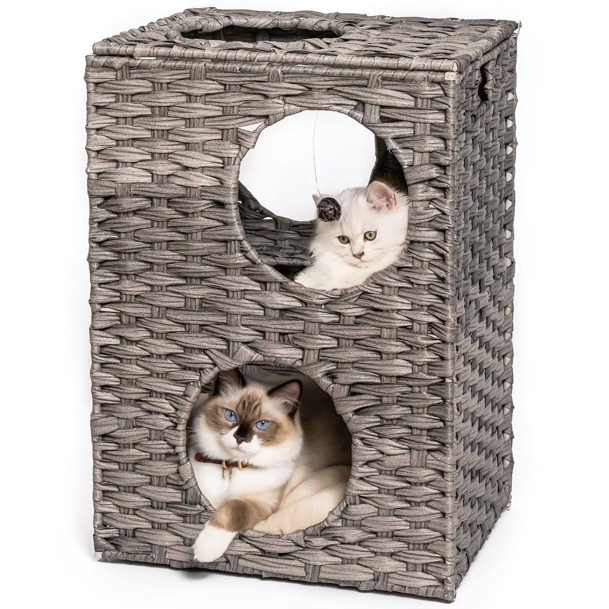 Canddidliike Large Wicker Cat Bed Grey Stackable Condo with Rattan Ball and Mat Canddidliike Large Wicker Cat Bed Grey Stackable Condo with Rattan Ball and Mat