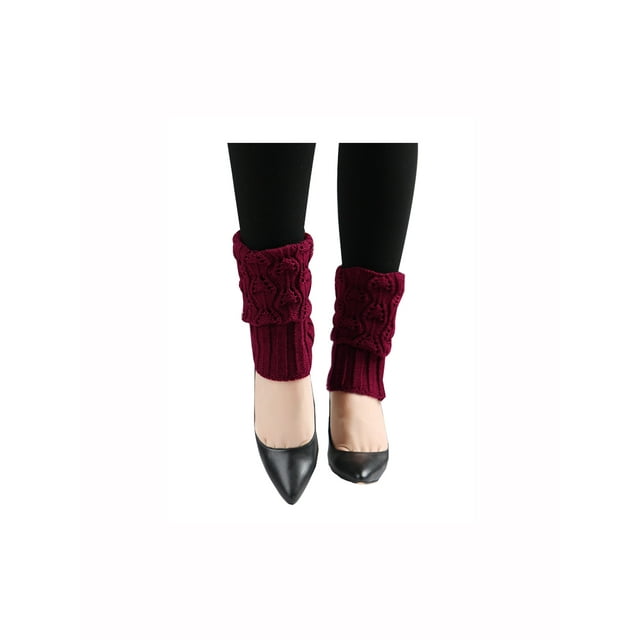 INSPIRE CHIC Women's Ruffled Cuff Over Knee Length Ribbed Knitted Leg Warmers Burgundy-Printed