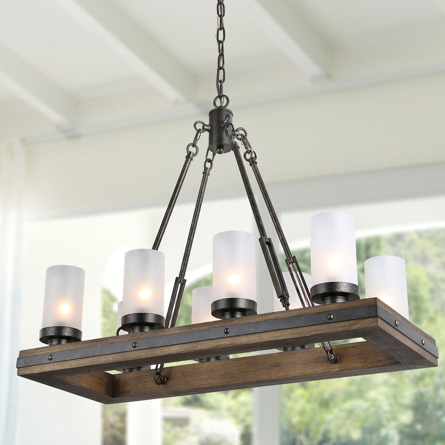 Industrial Reclaimed Wood from Early-1900s Farmhouse Lighting Rustic Lighting for Kitchen Island Lighting and Billiard Table-Wooden Light with Edison Cages Bar Dining Room