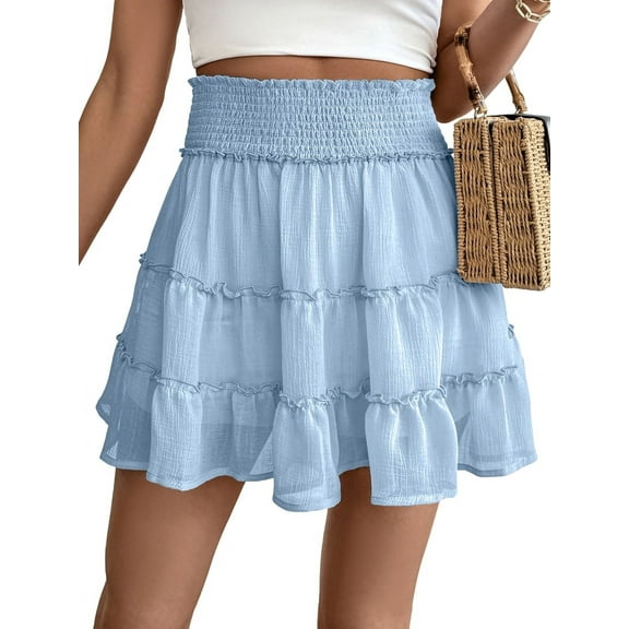 Womens Summer Flowy High Waist Ruffle Casual Cute Boho Beach Short Skirts Built-in Shorts Light Blue L