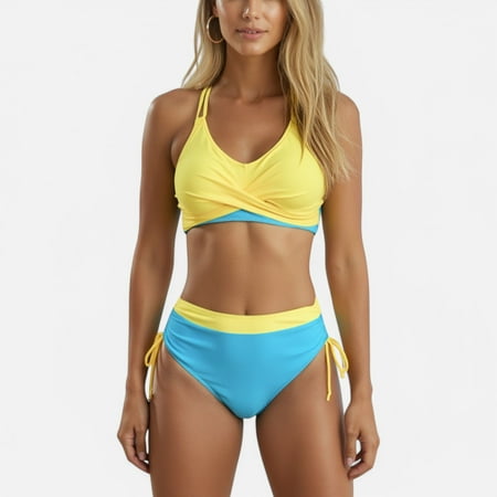 Swim Women s Two-Tone Bikini Set with Double Strap Top and High Waist Ruched Bottom with Side Tie Detail - X Large  Yellow