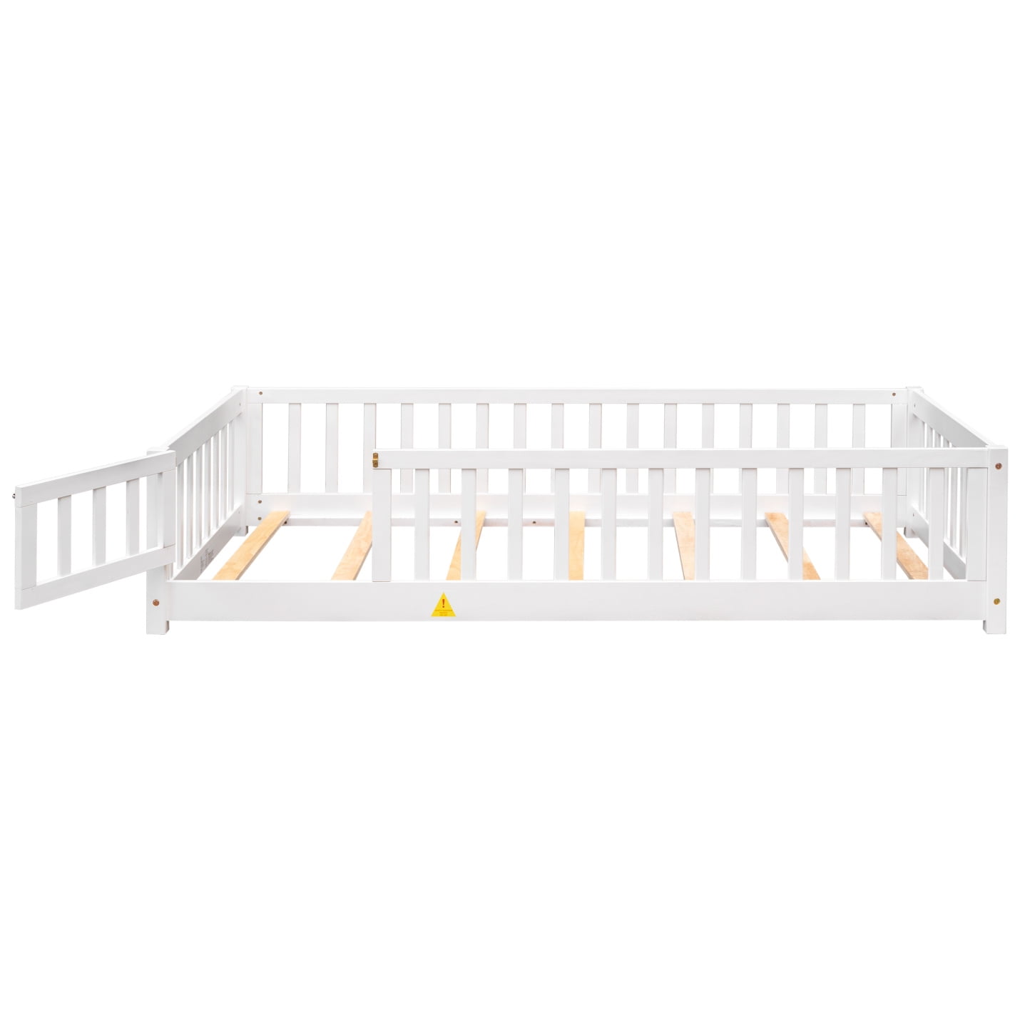 Twin Size Floor Bed, Montessori Floor Bed with Fence Rails and Door Design, Playhouse Bed Frame, Wooden Slats Support, White